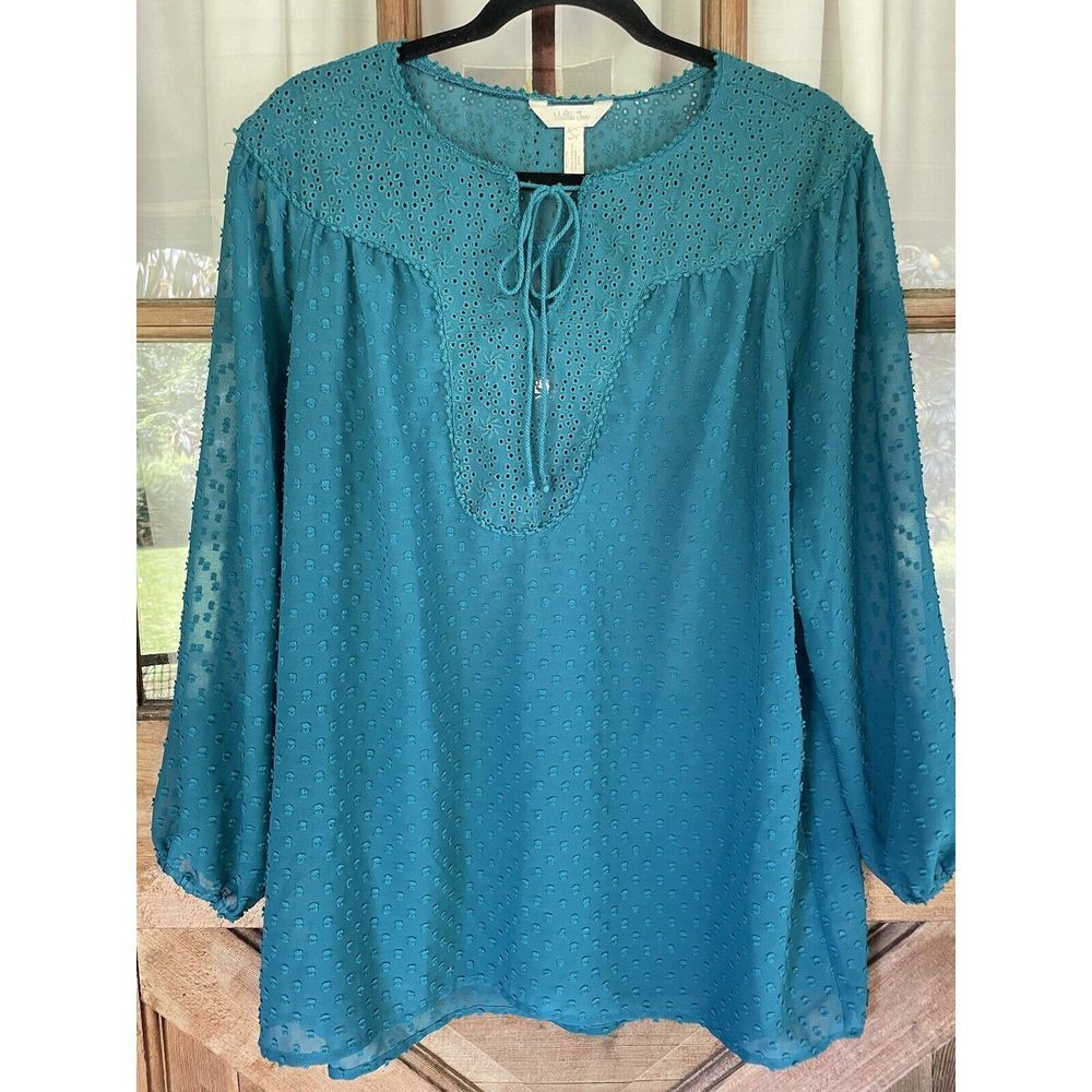 Matilda Jane Charisma Sheer Swiss Dot Once Upon A Time‎ Eyelet Teal Shirt Large